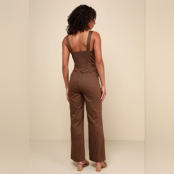 Lulus Practical Charm Brown Twill Button-Front Straight Leg Jumpsuit S Travel - Picture 5 of 10